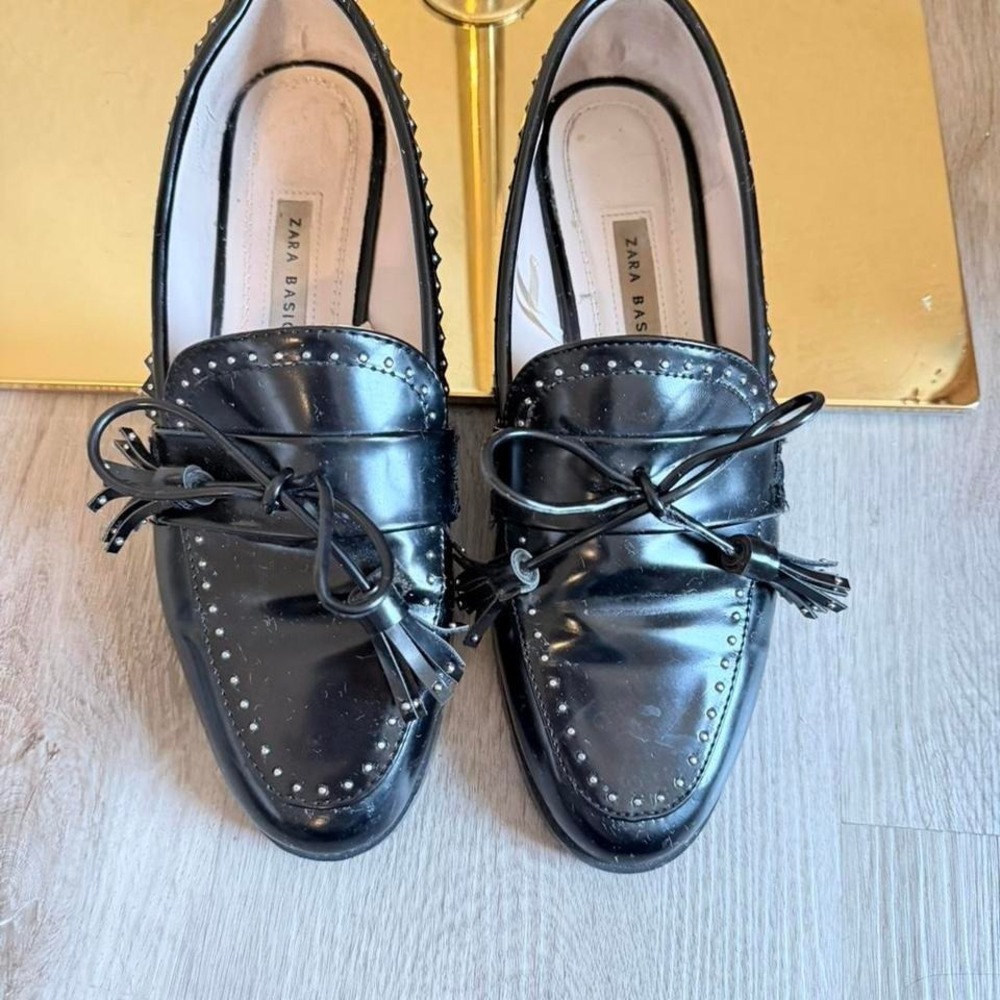 ZARA BASIC Black Studded Bow Tasseled Loafer Flats Cushioned Women's EU 36
